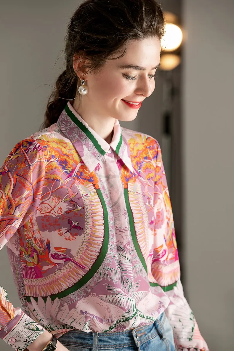 100% Natural Silk Women's Runway Shirt Turn Down Collar Printed Long Sleeves Fashion Floral Blouse Shirt