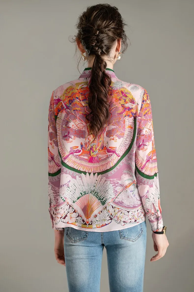 100% Natural Silk Women's Runway Shirt Turn Down Collar Printed Long Sleeves Fashion Floral Blouse Shirt