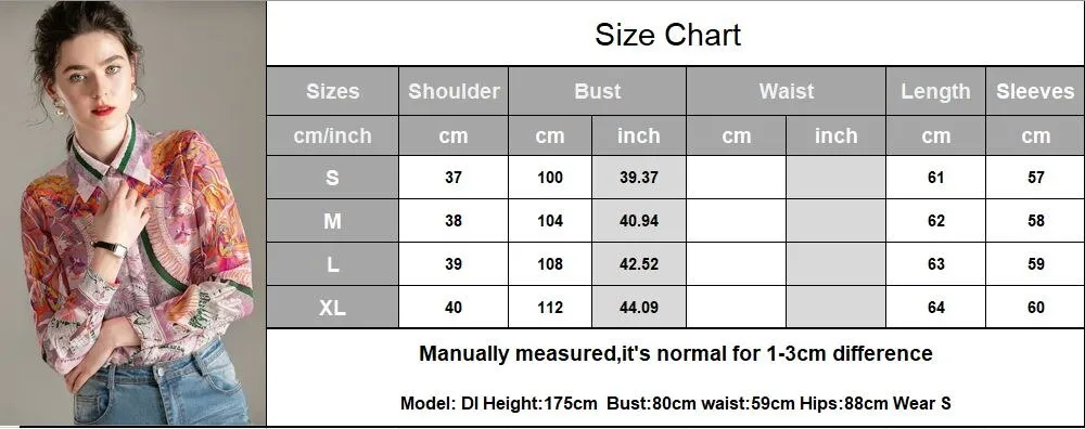 100% Natural Silk Women's Runway Shirt Turn Down Collar Printed Long Sleeves Fashion Floral Blouse Shirt