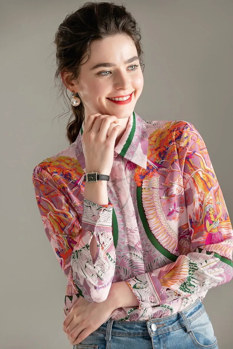 100% Natural Silk Women's Runway Shirt Turn Down Collar Printed Long Sleeves Fashion Floral Blouse Shirt