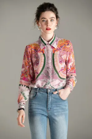 100% Natural Silk Women's Runway Shirt Turn Down Collar Printed Long Sleeves Fashion Floral Blouse Shirt