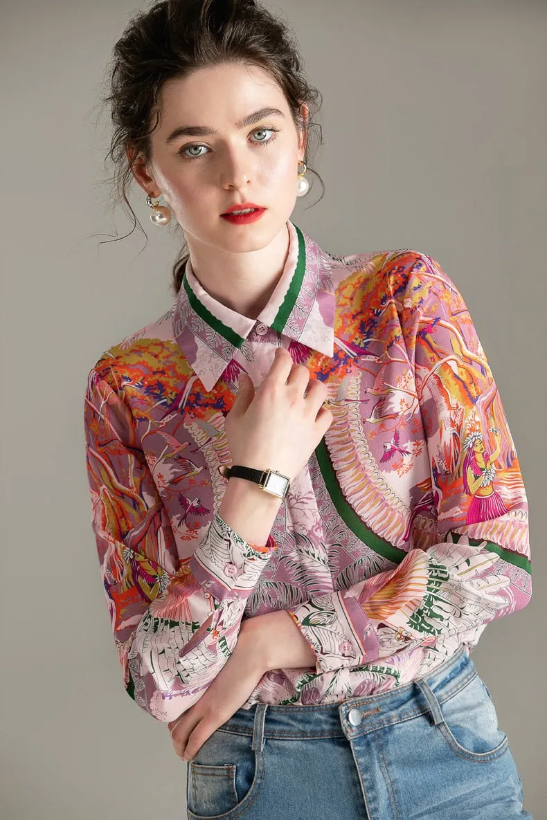 100% Natural Silk Women's Runway Shirt Turn Down Collar Printed Long Sleeves Fashion Floral Blouse Shirt