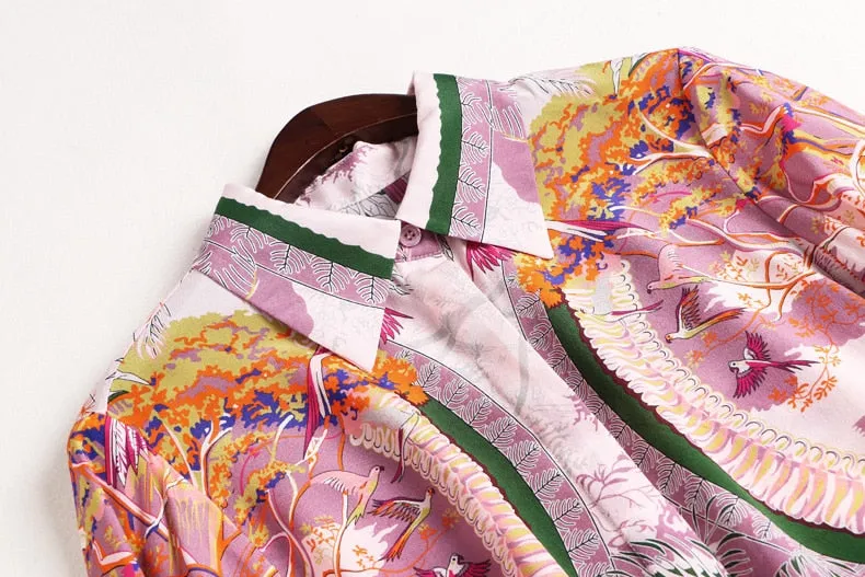 100% Natural Silk Women's Runway Shirt Turn Down Collar Printed Long Sleeves Fashion Floral Blouse Shirt