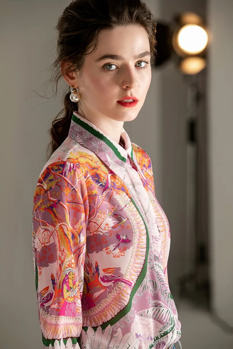 100% Natural Silk Women's Runway Shirt Turn Down Collar Printed Long Sleeves Fashion Floral Blouse Shirt