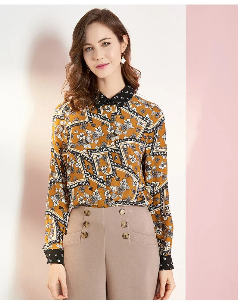 100% Pure Silk Women's Runway Shirts Turn Down Collar Printed Long Sleeves Elegant Fashion Casual Shirts Blouses in Two Colors