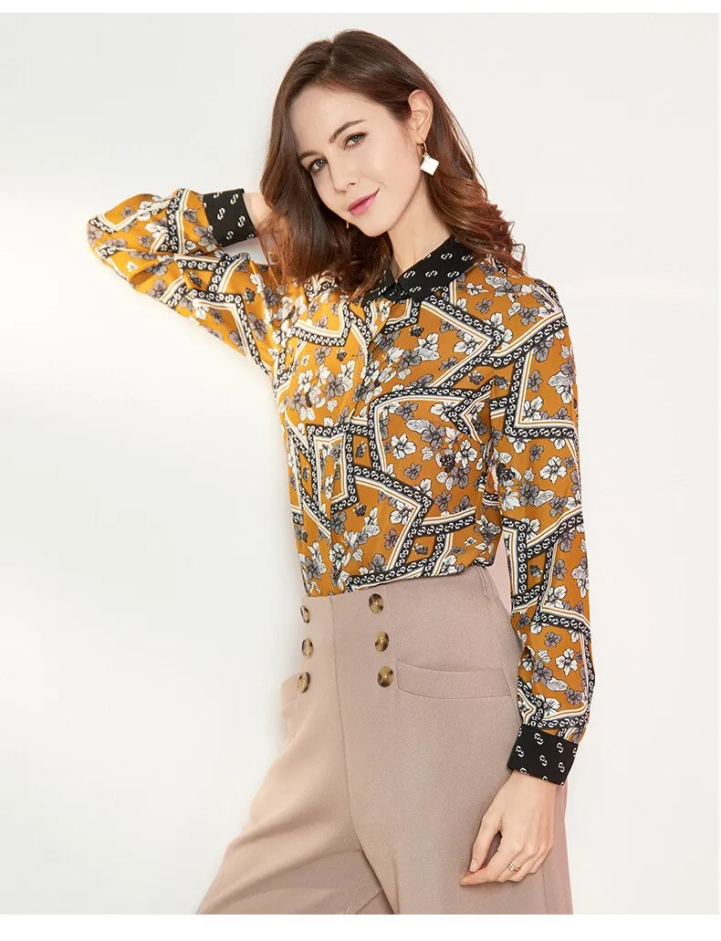 100% Pure Silk Women's Runway Shirts Turn Down Collar Printed Long Sleeves Elegant Fashion Casual Shirts Blouses in Two Colors