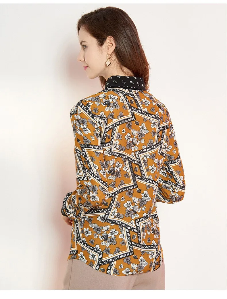 100% Pure Silk Women's Runway Shirts Turn Down Collar Printed Long Sleeves Elegant Fashion Casual Shirts Blouses in Two Colors