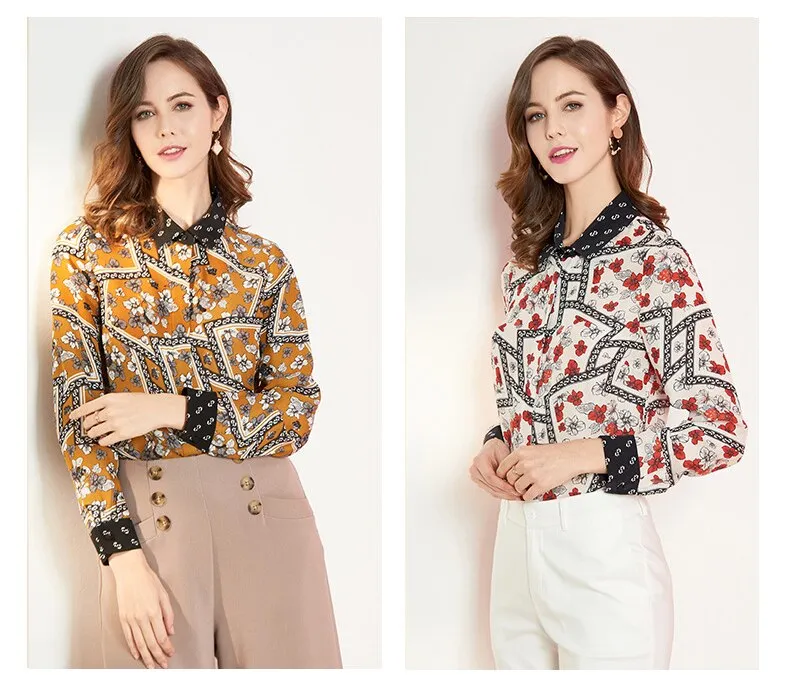 100% Pure Silk Women's Runway Shirts Turn Down Collar Printed Long Sleeves Elegant Fashion Casual Shirts Blouses in Two Colors