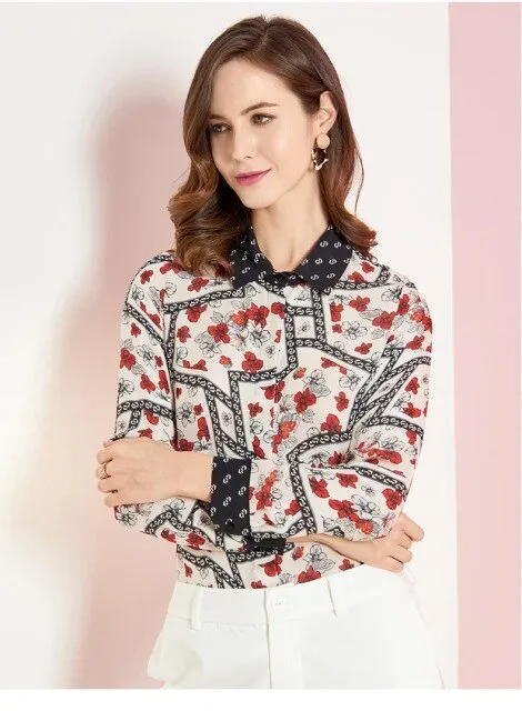 100% Pure Silk Women's Runway Shirts Turn Down Collar Printed Long Sleeves Elegant Fashion Casual Shirts Blouses in Two Colors