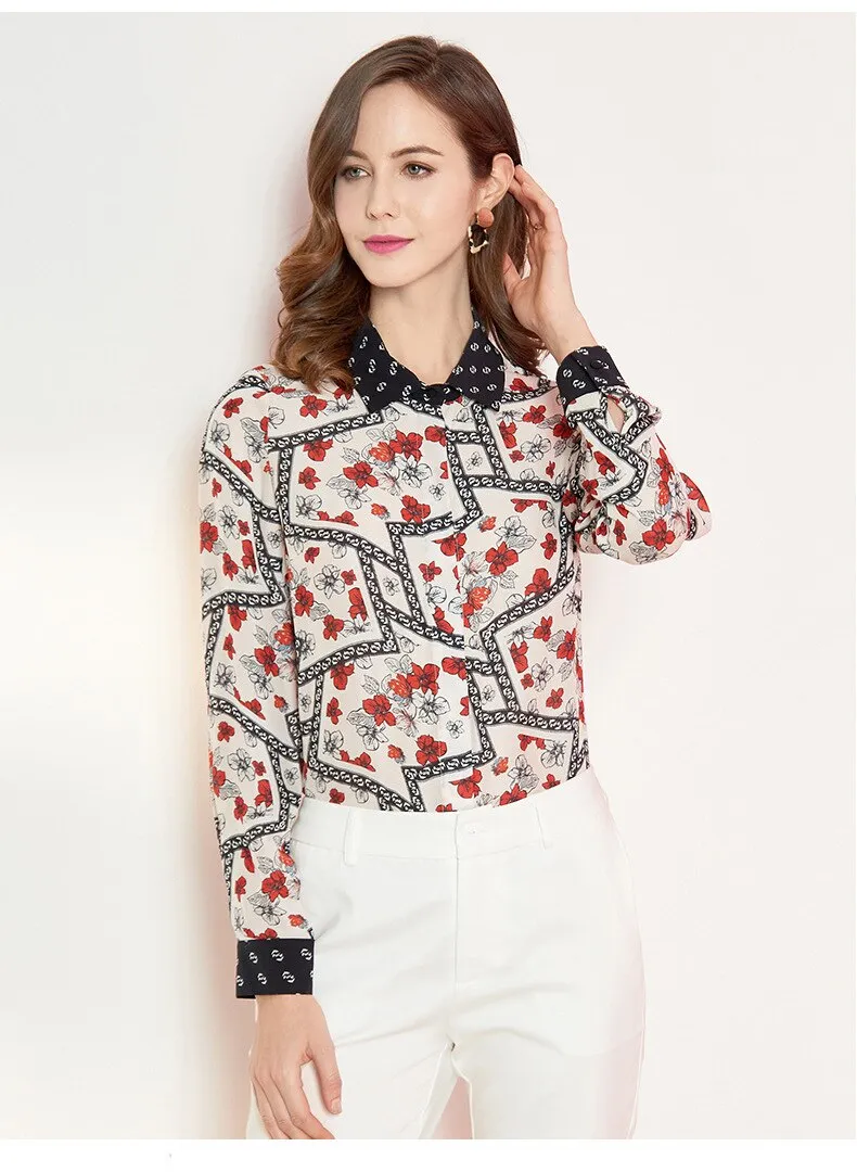 100% Pure Silk Women's Runway Shirts Turn Down Collar Printed Long Sleeves Elegant Fashion Casual Shirts Blouses in Two Colors