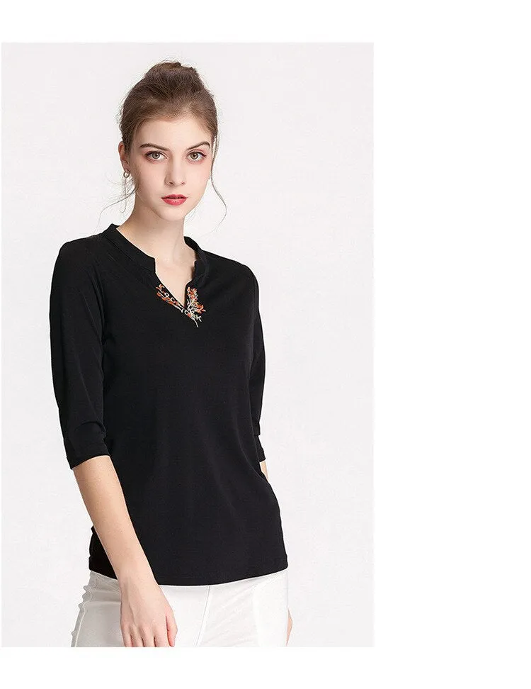100% Silk Women's Runway Shirts Sexy V Neck 3/4 Sleeves Embroidery Elegant Pullover Blouse Tops
