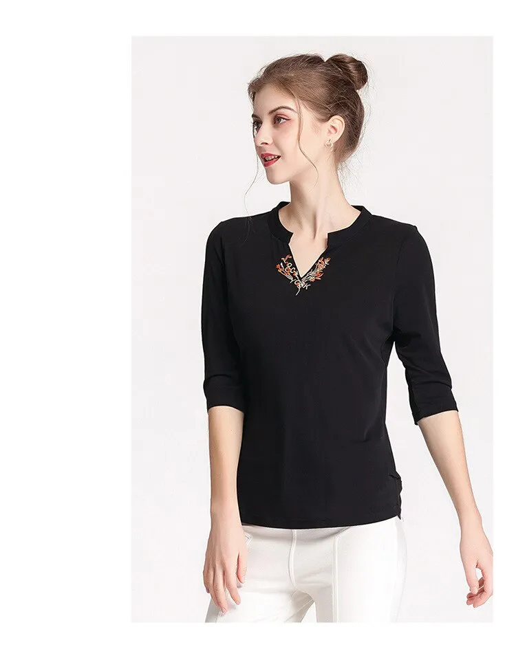 100% Silk Women's Runway Shirts Sexy V Neck 3/4 Sleeves Embroidery Elegant Pullover Blouse Tops