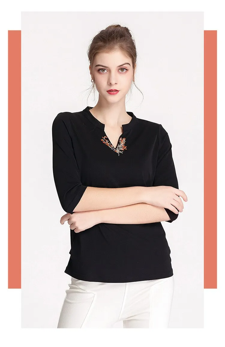 100% Silk Women's Runway Shirts Sexy V Neck 3/4 Sleeves Embroidery Elegant Pullover Blouse Tops