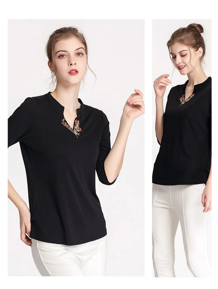 100% Silk Women's Runway Shirts Sexy V Neck 3/4 Sleeves Embroidery Elegant Pullover Blouse Tops