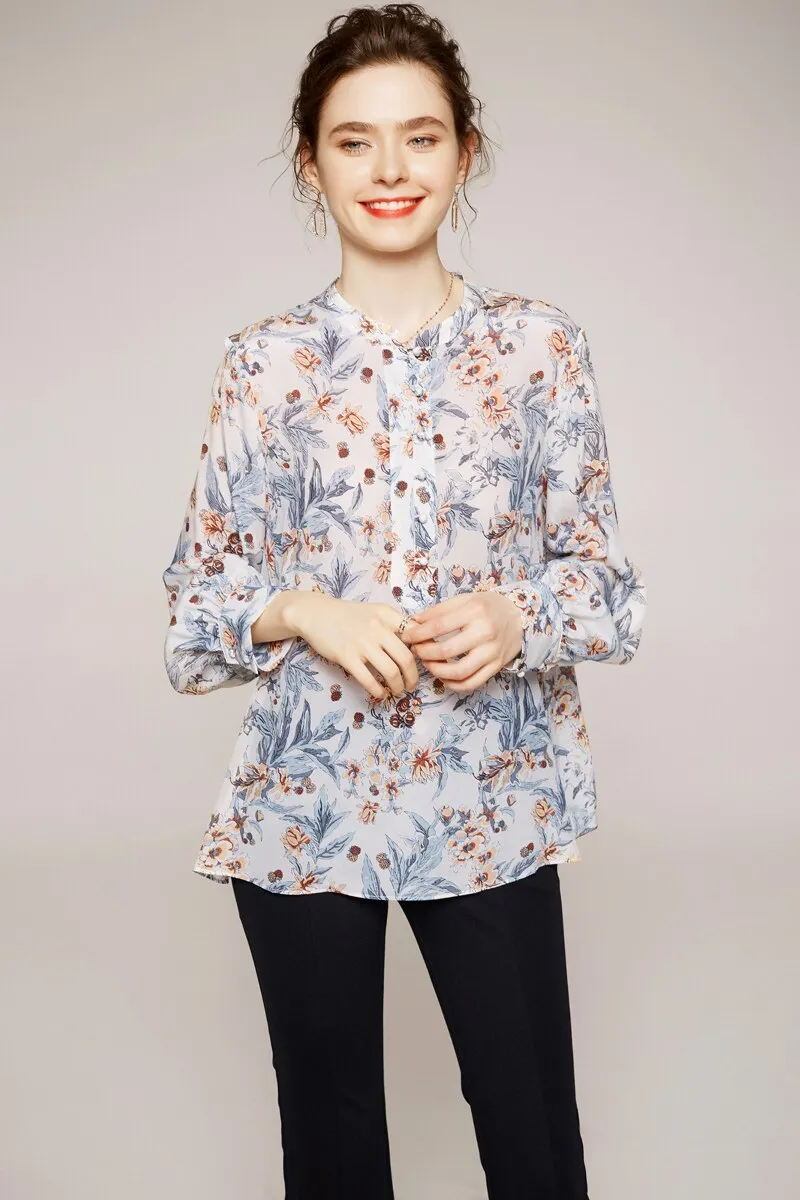 100% Silk Women's Shirt O Neck Long Sleeves Printed Loose Design Fashion Casual Blouse Shirt