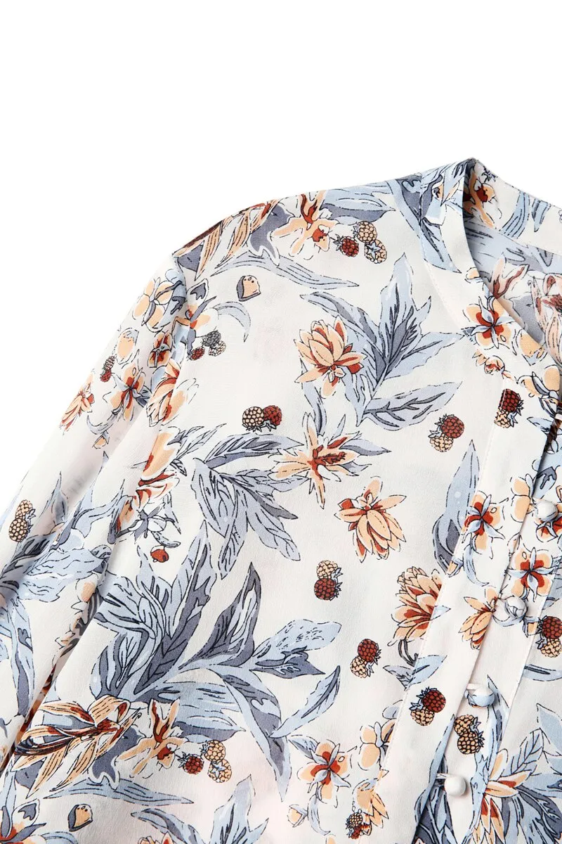 100% Silk Women's Shirt O Neck Long Sleeves Printed Loose Design Fashion Casual Blouse Shirt