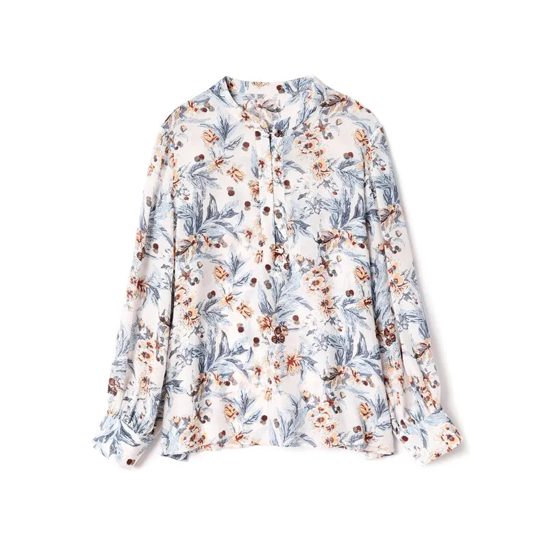100% Silk Women's Shirt O Neck Long Sleeves Printed Loose Design Fashion Casual Blouse Shirt