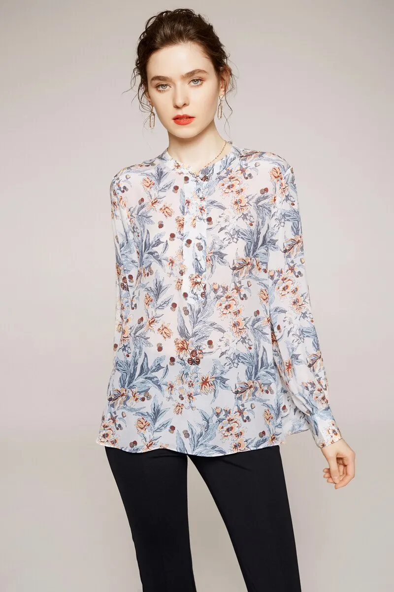 100% Silk Women's Shirt O Neck Long Sleeves Printed Loose Design Fashion Casual Blouse Shirt