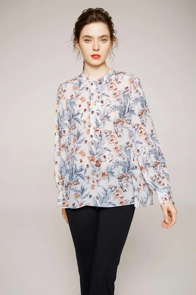100% Silk Women's Shirt O Neck Long Sleeves Printed Loose Design Fashion Casual Blouse Shirt