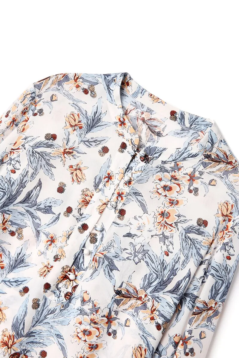100% Silk Women's Shirt O Neck Long Sleeves Printed Loose Design Fashion Casual Blouse Shirt