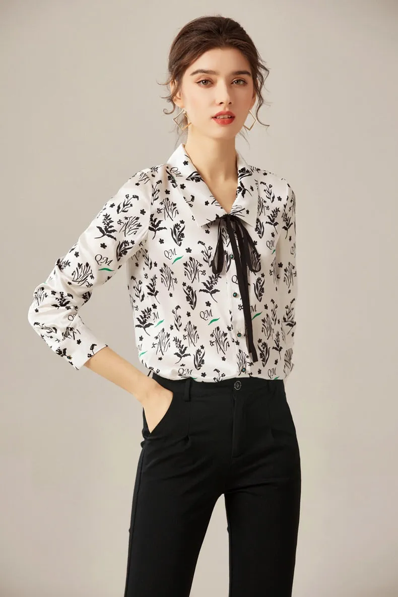 100% Silk Women's Shirt Turn Down Collar Lace Up Printed Long Sleeves Fashion Casual Blouse Tops