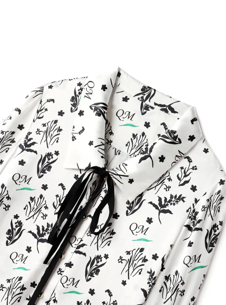 100% Silk Women's Shirt Turn Down Collar Lace Up Printed Long Sleeves Fashion Casual Blouse Tops
