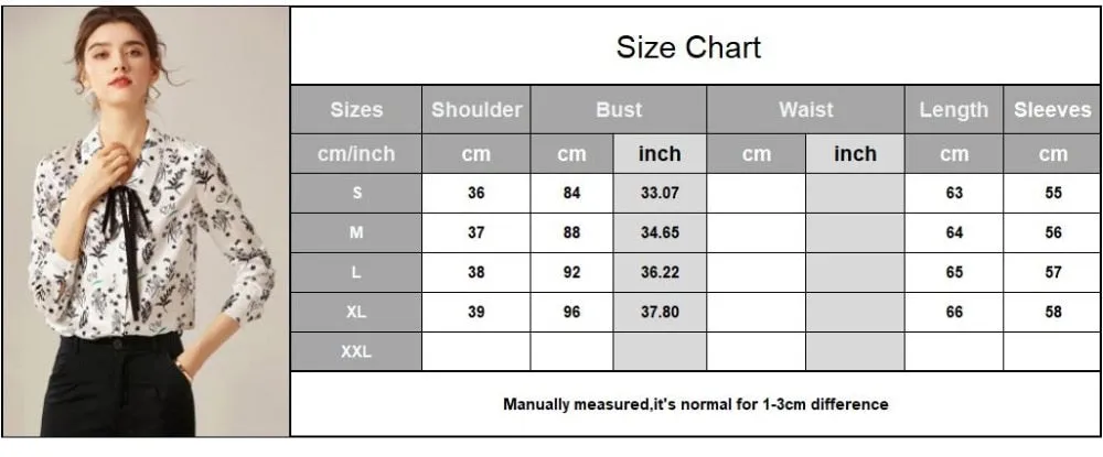 100% Silk Women's Shirt Turn Down Collar Lace Up Printed Long Sleeves Fashion Casual Blouse Tops