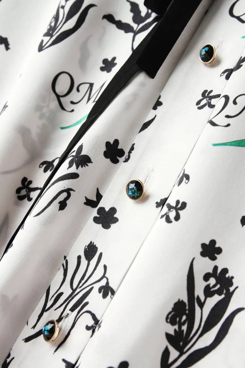 100% Silk Women's Shirt Turn Down Collar Lace Up Printed Long Sleeves Fashion Casual Blouse Tops
