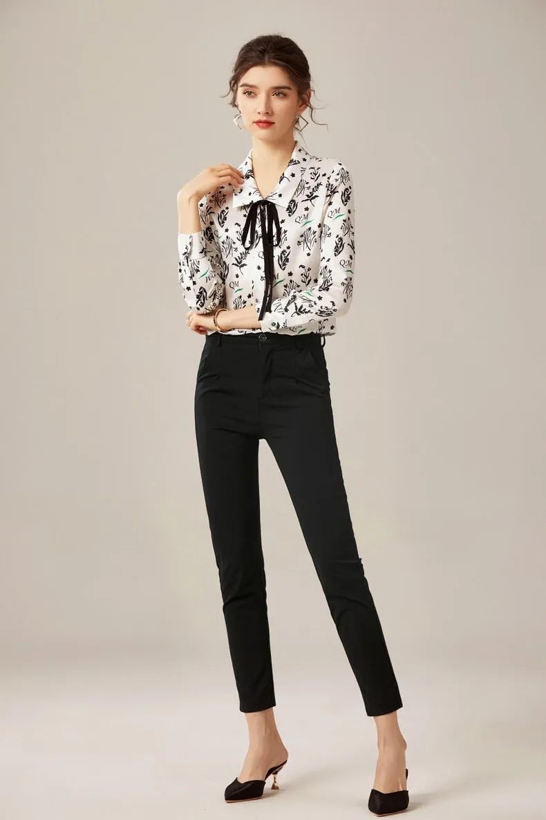 100% Silk Women's Shirt Turn Down Collar Lace Up Printed Long Sleeves Fashion Casual Blouse Tops