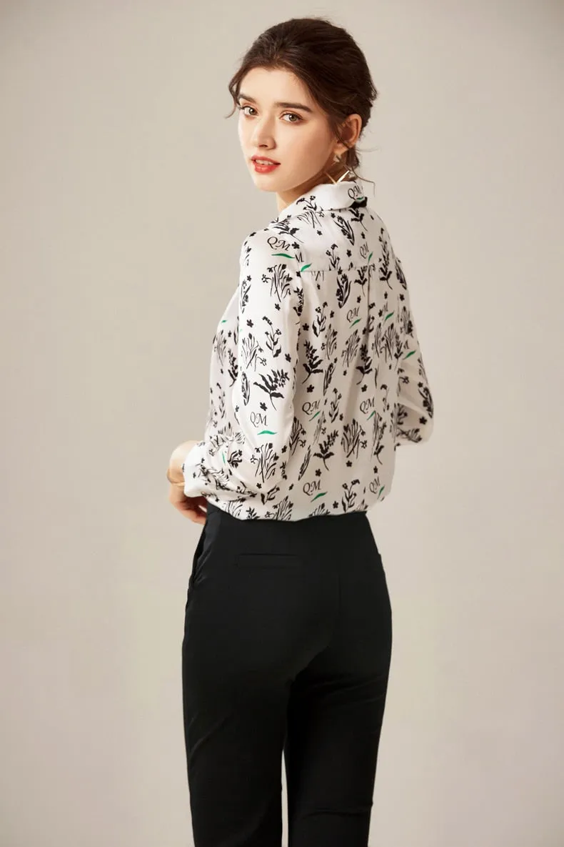 100% Silk Women's Shirt Turn Down Collar Lace Up Printed Long Sleeves Fashion Casual Blouse Tops