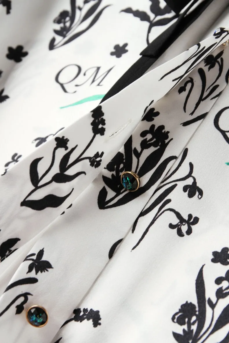 100% Silk Women's Shirt Turn Down Collar Lace Up Printed Long Sleeves Fashion Casual Blouse Tops