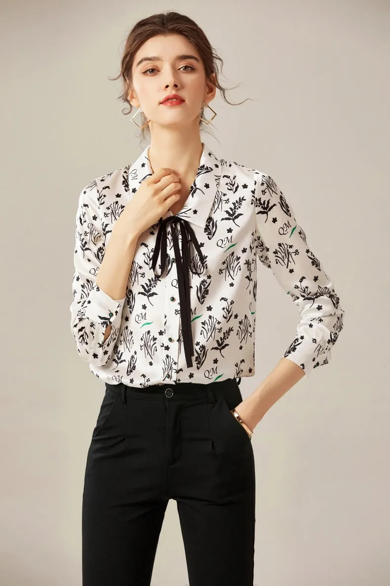 100% Silk Women's Shirt Turn Down Collar Lace Up Printed Long Sleeves Fashion Casual Blouse Tops