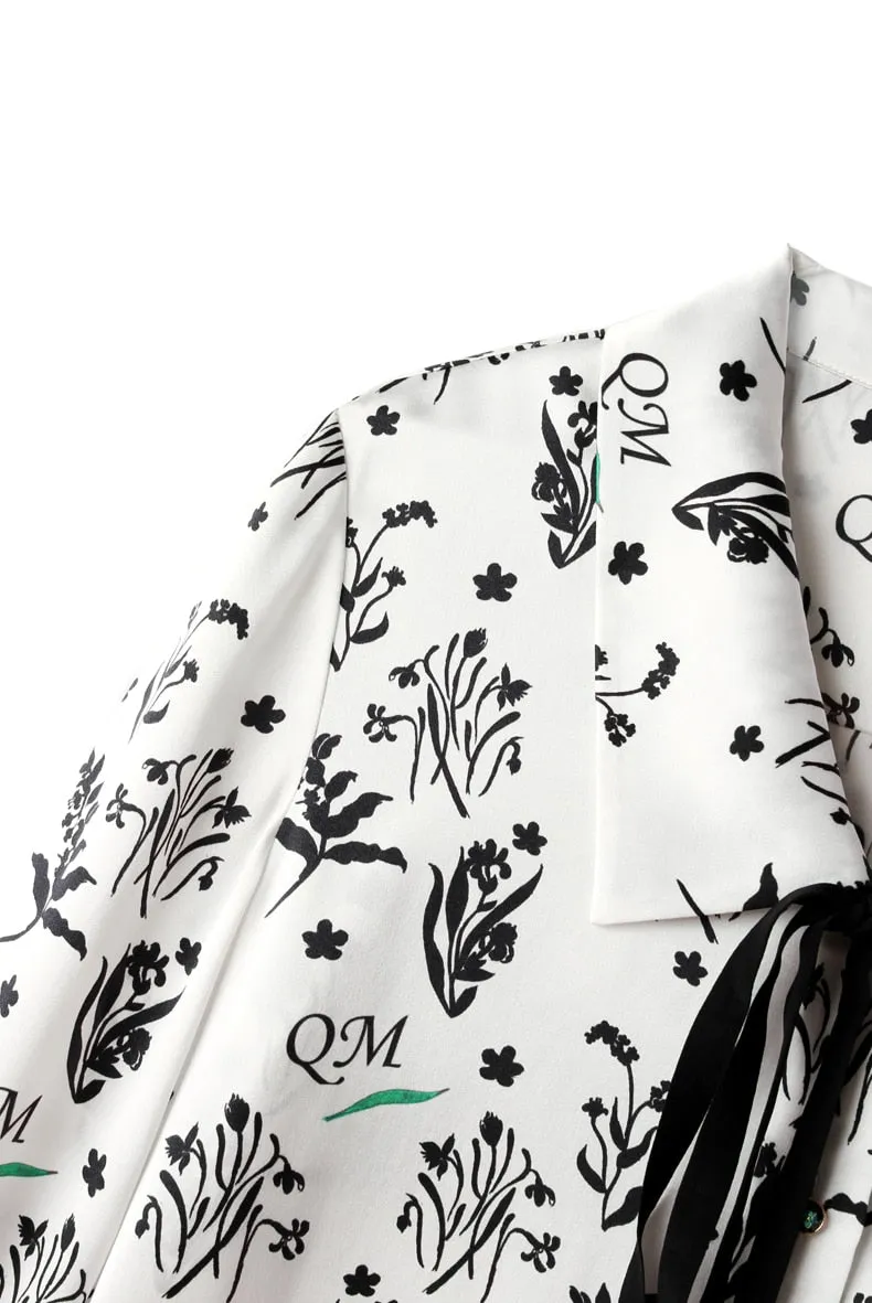 100% Silk Women's Shirt Turn Down Collar Lace Up Printed Long Sleeves Fashion Casual Blouse Tops