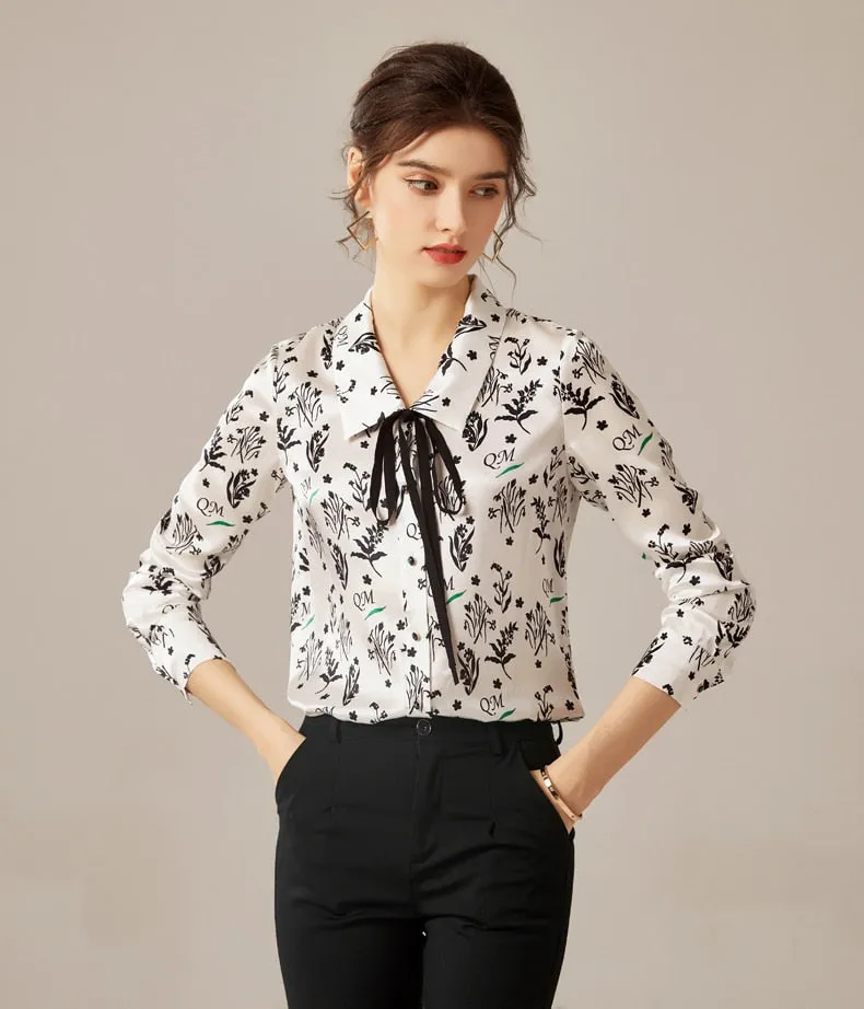 100% Silk Women's Shirt Turn Down Collar Lace Up Printed Long Sleeves Fashion Casual Blouse Tops