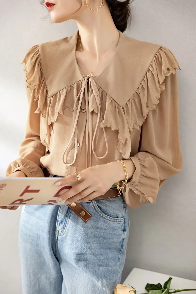 100% Silk Women's Shirt Turn Down Collar Long Sleeves Lace Up Ruffles Elegant Fashion Blouse Tops