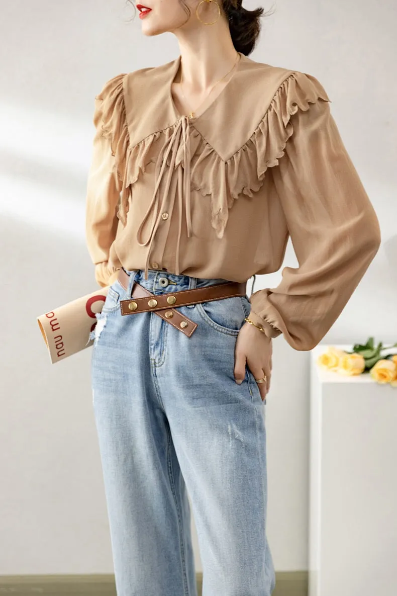 100% Silk Women's Shirt Turn Down Collar Long Sleeves Lace Up Ruffles Elegant Fashion Blouse Tops