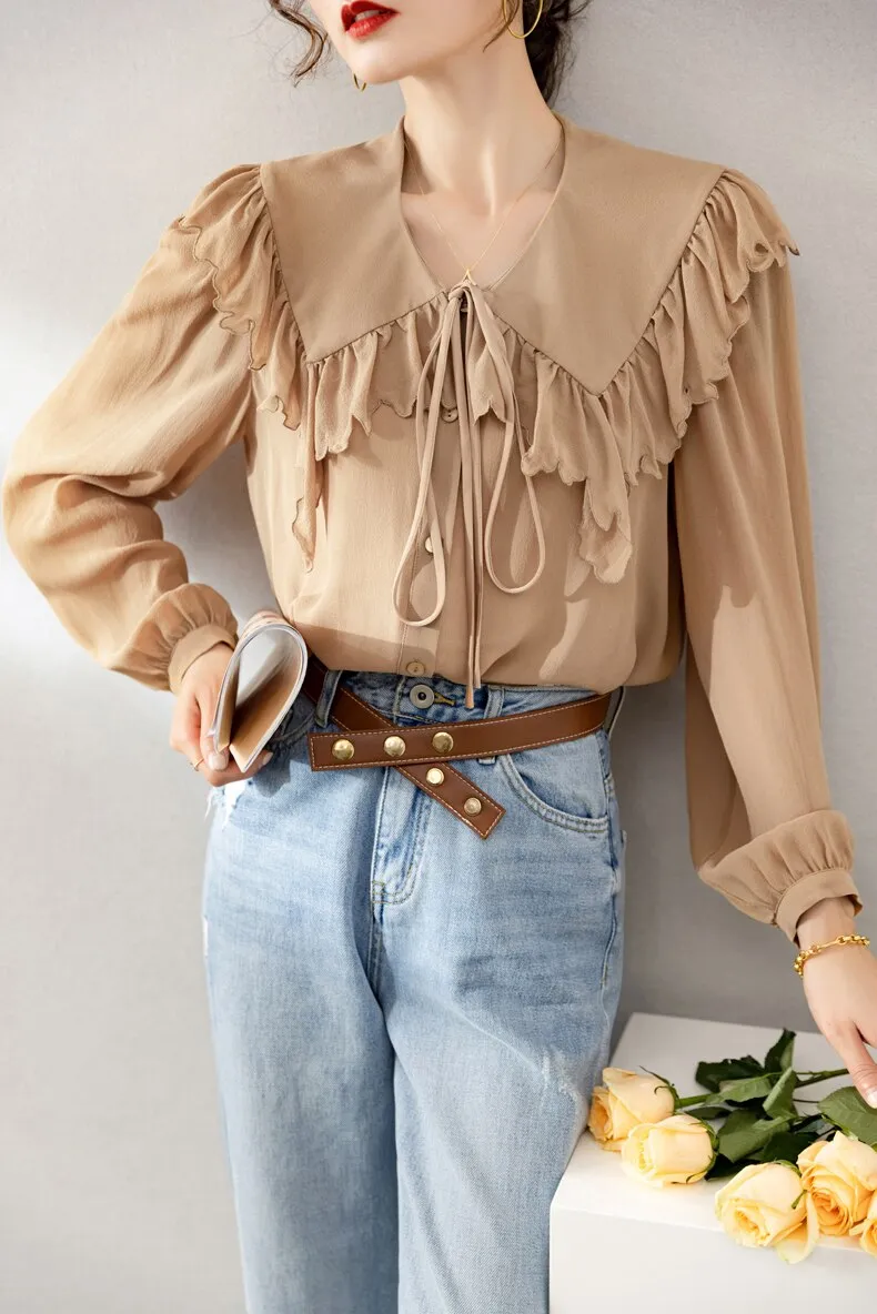 100% Silk Women's Shirt Turn Down Collar Long Sleeves Lace Up Ruffles Elegant Fashion Blouse Tops