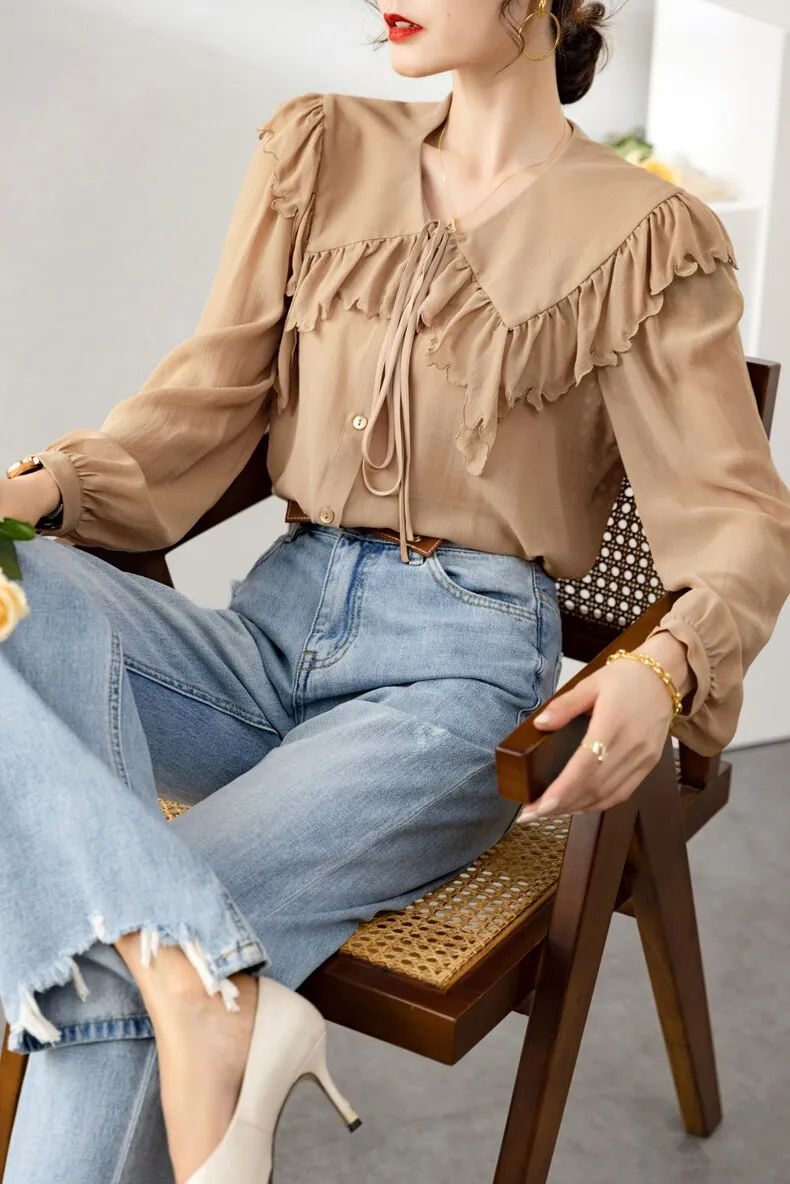 100% Silk Women's Shirt Turn Down Collar Long Sleeves Lace Up Ruffles Elegant Fashion Blouse Tops