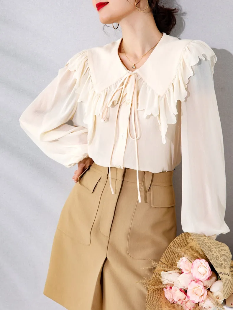 100% Silk Women's Shirt Turn Down Collar Long Sleeves Lace Up Ruffles Elegant Fashion Blouse Tops