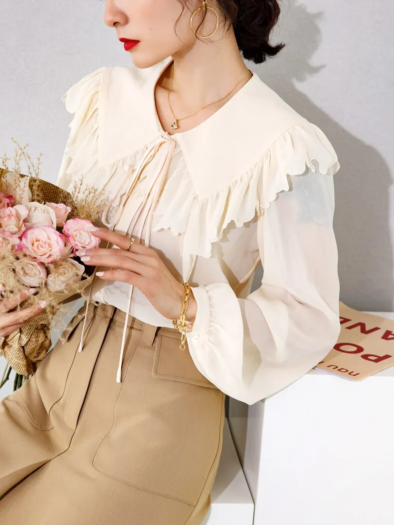 100% Silk Women's Shirt Turn Down Collar Long Sleeves Lace Up Ruffles Elegant Fashion Blouse Tops