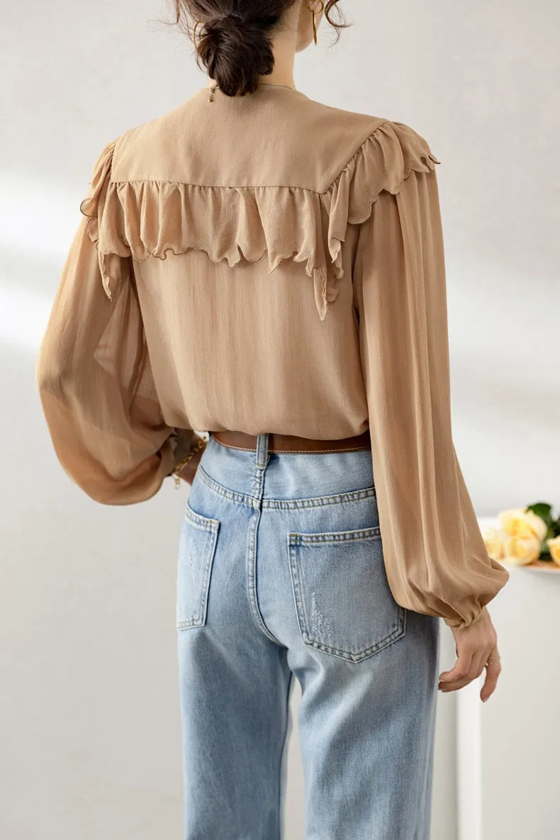 100% Silk Women's Shirt Turn Down Collar Long Sleeves Lace Up Ruffles Elegant Fashion Blouse Tops