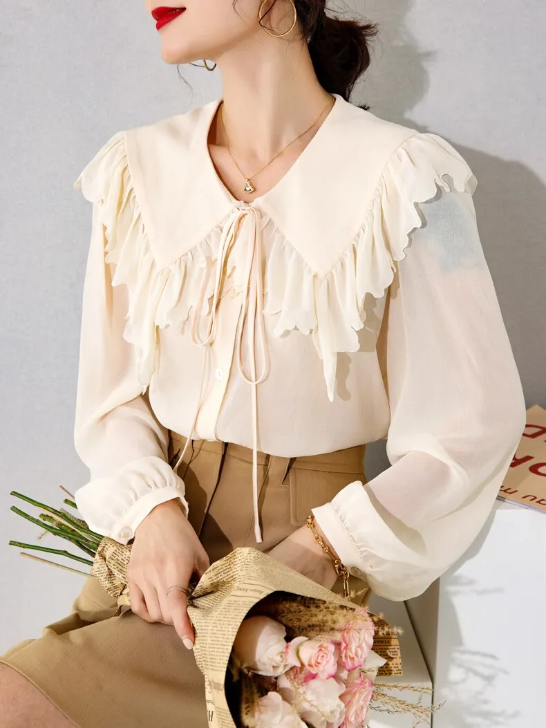 100% Silk Women's Shirt Turn Down Collar Long Sleeves Lace Up Ruffles Elegant Fashion Blouse Tops