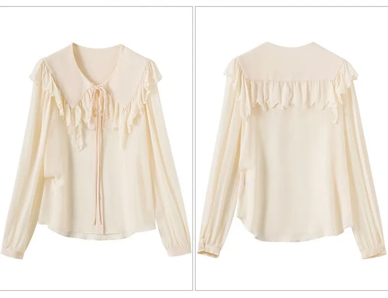 100% Silk Women's Shirt Turn Down Collar Long Sleeves Lace Up Ruffles Elegant Fashion Blouse Tops