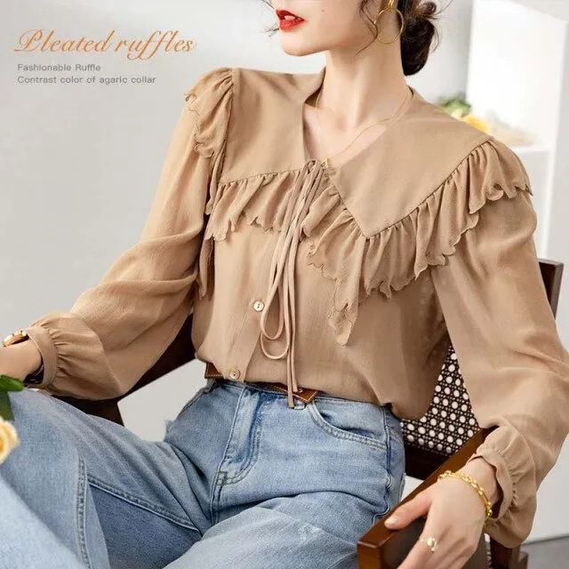 100% Silk Women's Shirt Turn Down Collar Long Sleeves Lace Up Ruffles Elegant Fashion Blouse Tops