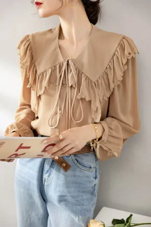 100% Silk Women's Shirt Turn Down Collar Long Sleeves Lace Up Ruffles Elegant Fashion Blouse Tops