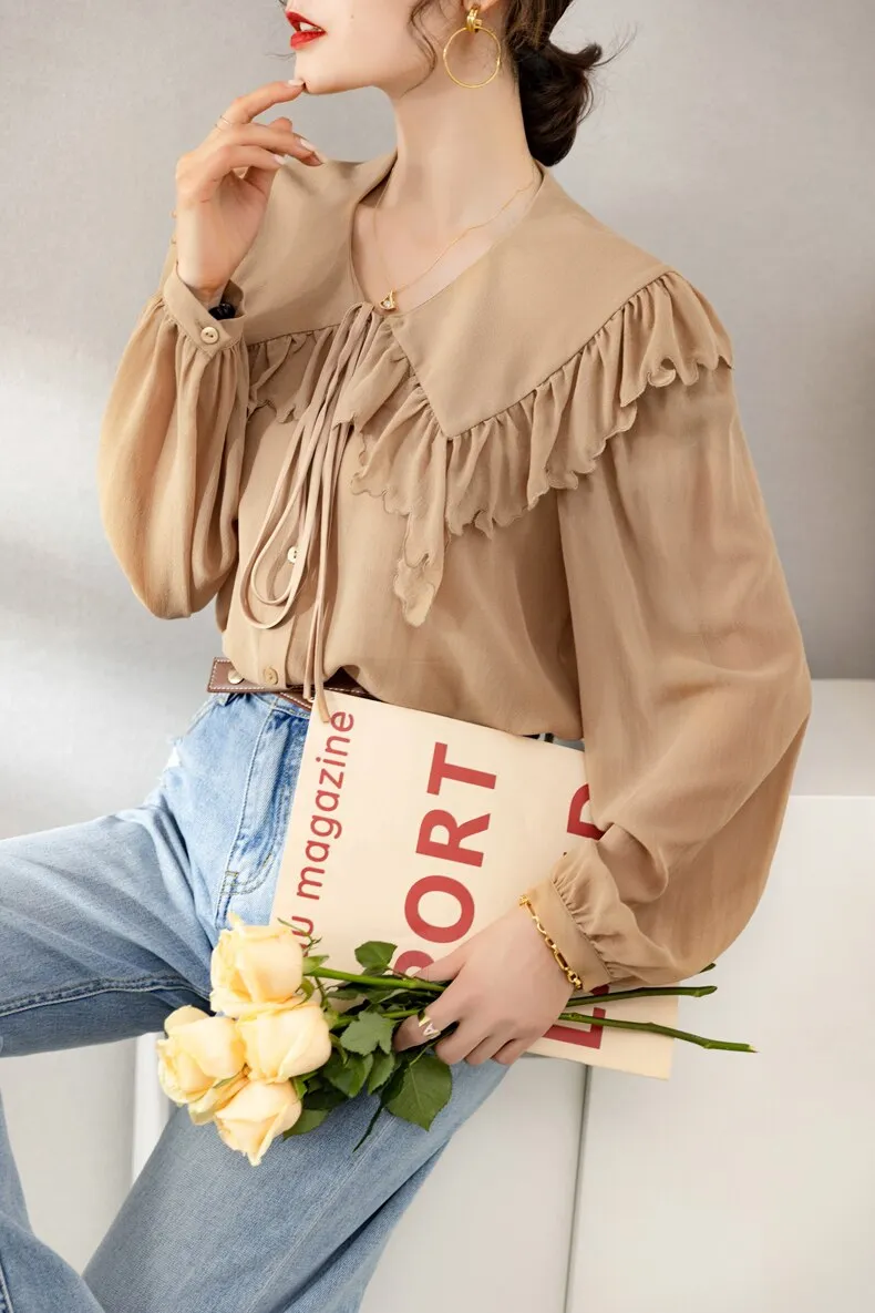 100% Silk Women's Shirt Turn Down Collar Long Sleeves Lace Up Ruffles Elegant Fashion Blouse Tops