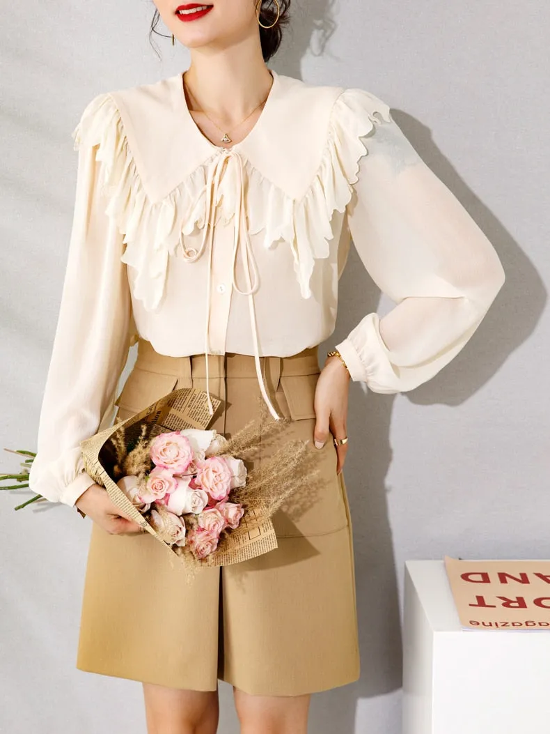 100% Silk Women's Shirt Turn Down Collar Long Sleeves Lace Up Ruffles Elegant Fashion Blouse Tops