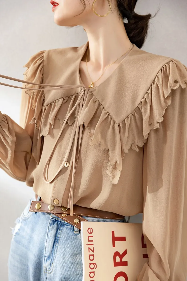 100% Silk Women's Shirt Turn Down Collar Long Sleeves Lace Up Ruffles Elegant Fashion Blouse Tops