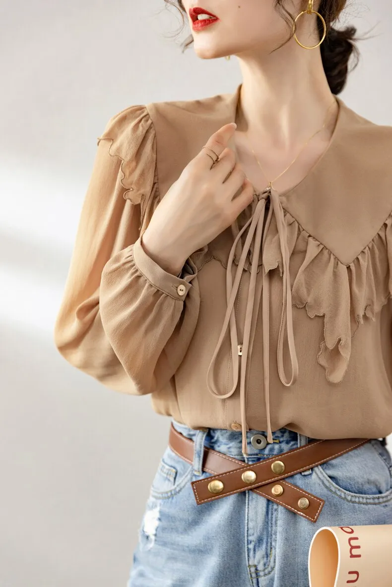 100% Silk Women's Shirt Turn Down Collar Long Sleeves Lace Up Ruffles Elegant Fashion Blouse Tops