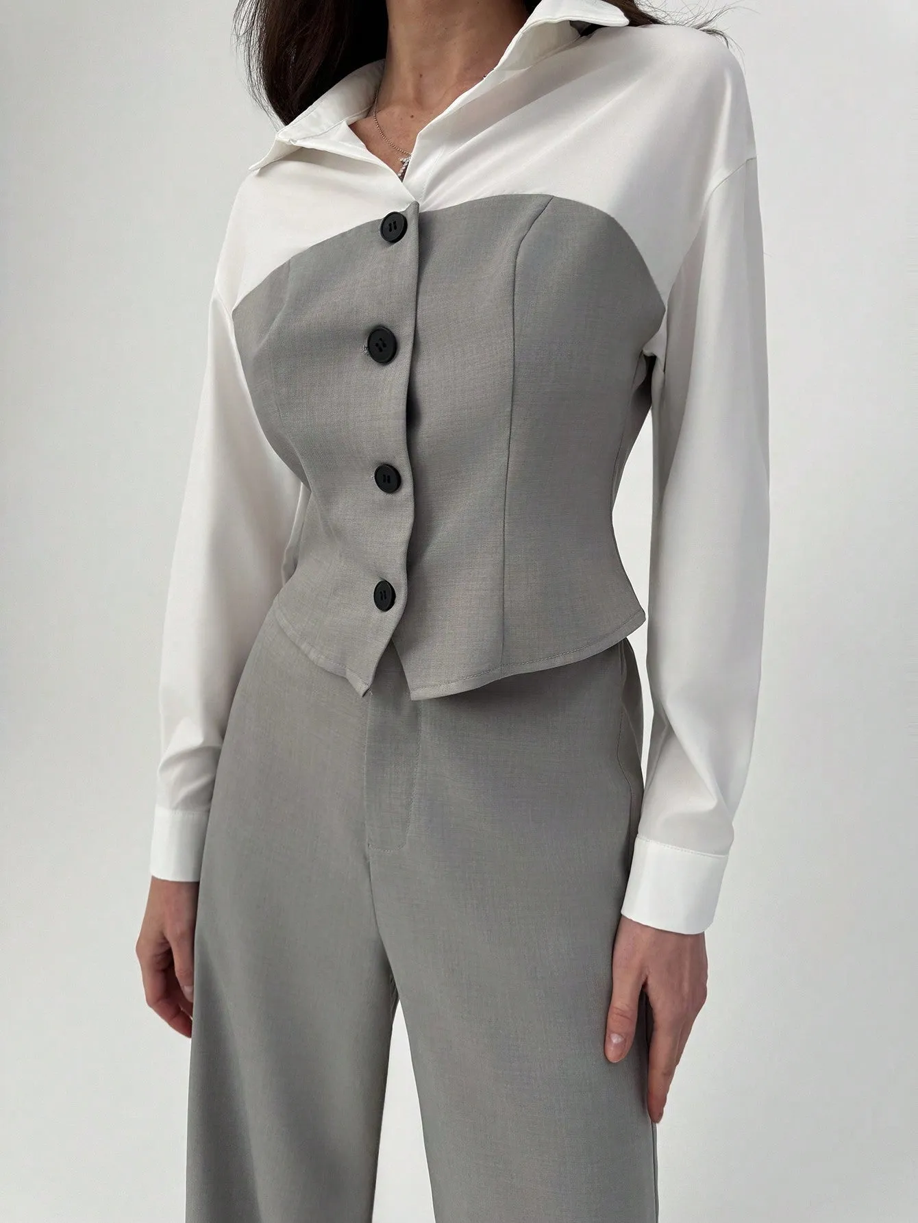 2pcs Elegant Commute Mock Shirt & Straight Leg Pants Suit Set